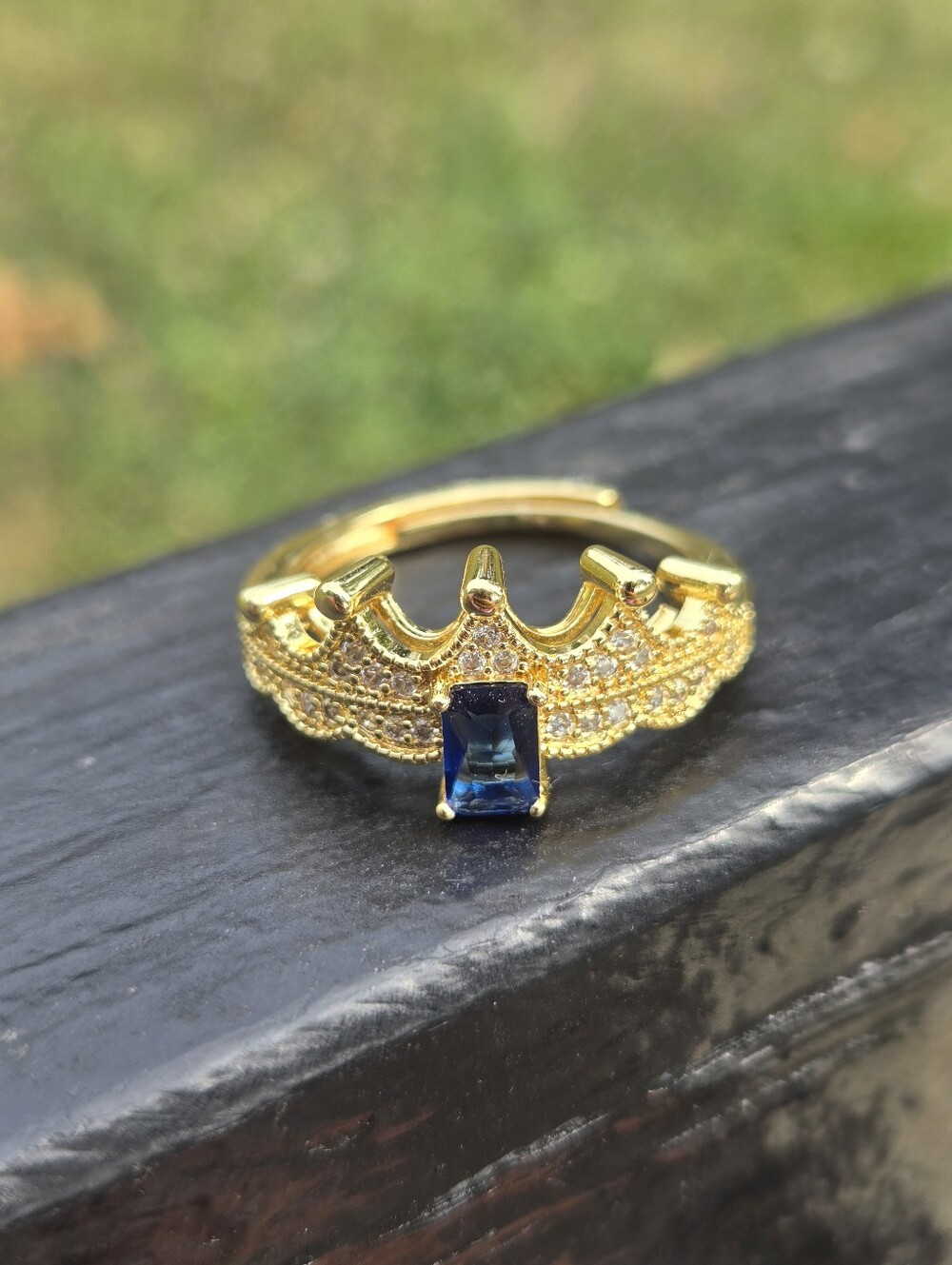 Gold Tiara Crown Ring Sapphire Blue Emerald Cut Crystal